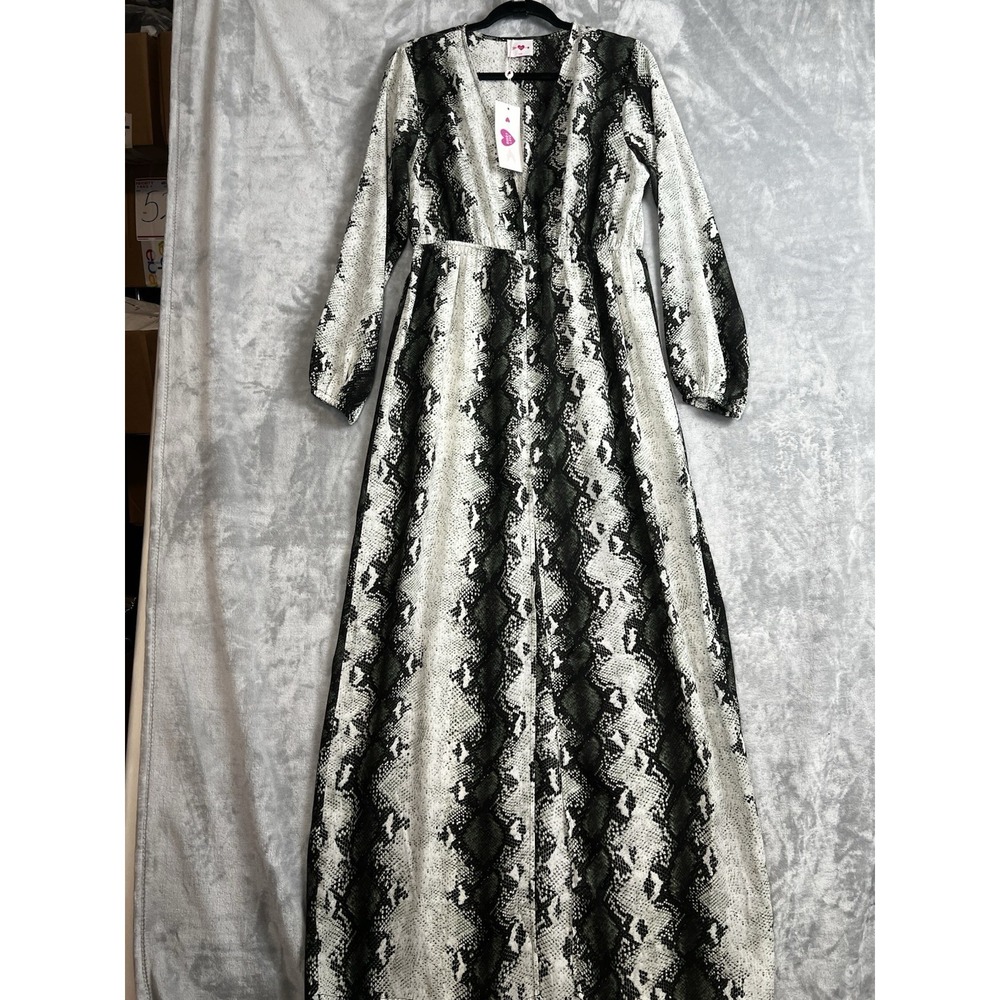 Buddy Love Snakeskin Print Maxi Dress Grey Black V-Neck Long Sleeve Slit Large - Picture 3 of 16
